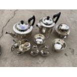 AN ASSORTMENT OF SILVER PLATED ITEMS TO INCLUDE A TEAPOT, COFFEE POT, SUGAR BOWL AND MILK JUG ETC