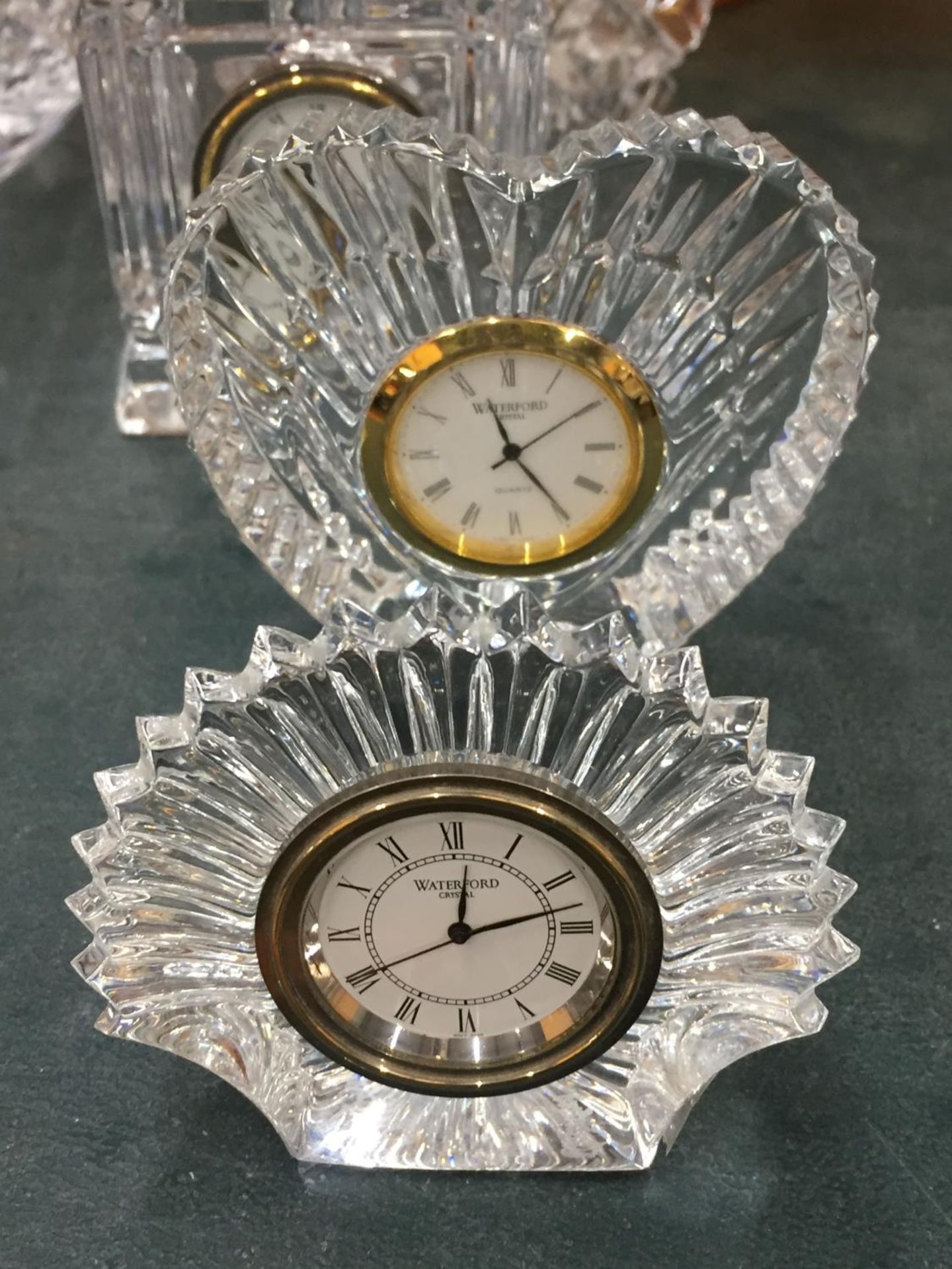 THREE WATERFORD CRYSTAL MINIATURE CLOCKS, WATERFORD PAIR OF CANDLESTICKS AND CARNIVAL GLASS DISHES - Image 2 of 5