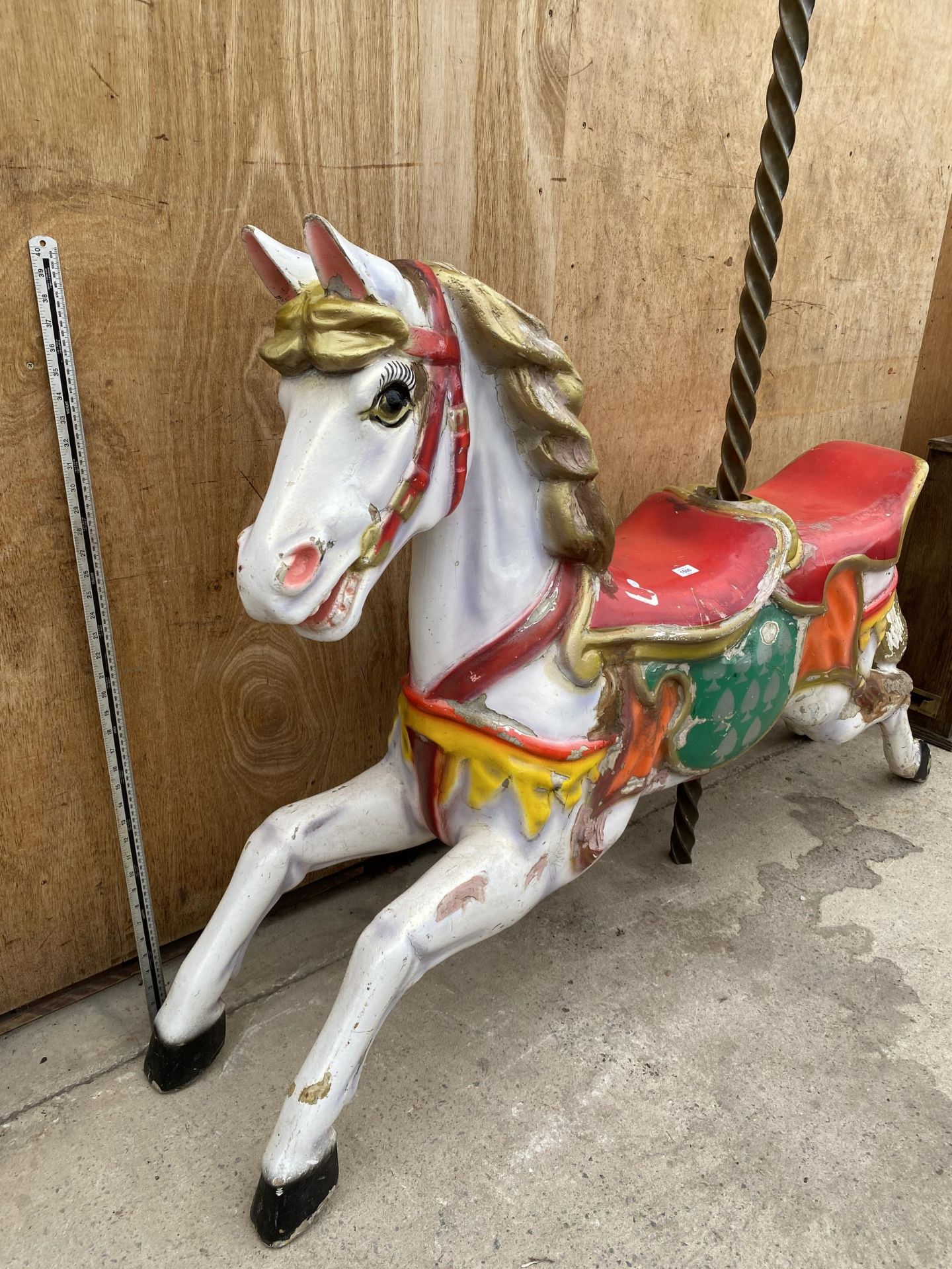 A BELIEVED ORIGINAL EX FAIRGROUND RIDE GALLOPER WITH DOUBLE SEAT AND TURNED BRASS POLE - Image 3 of 8