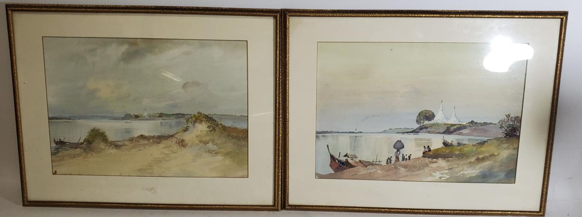 PAIR OF LATE 19TH/EARLY 20TH CENTURY WATERCOLOURS OF TEMPLES BY A LAKE, 27CM X 38CM, FRAMED AND