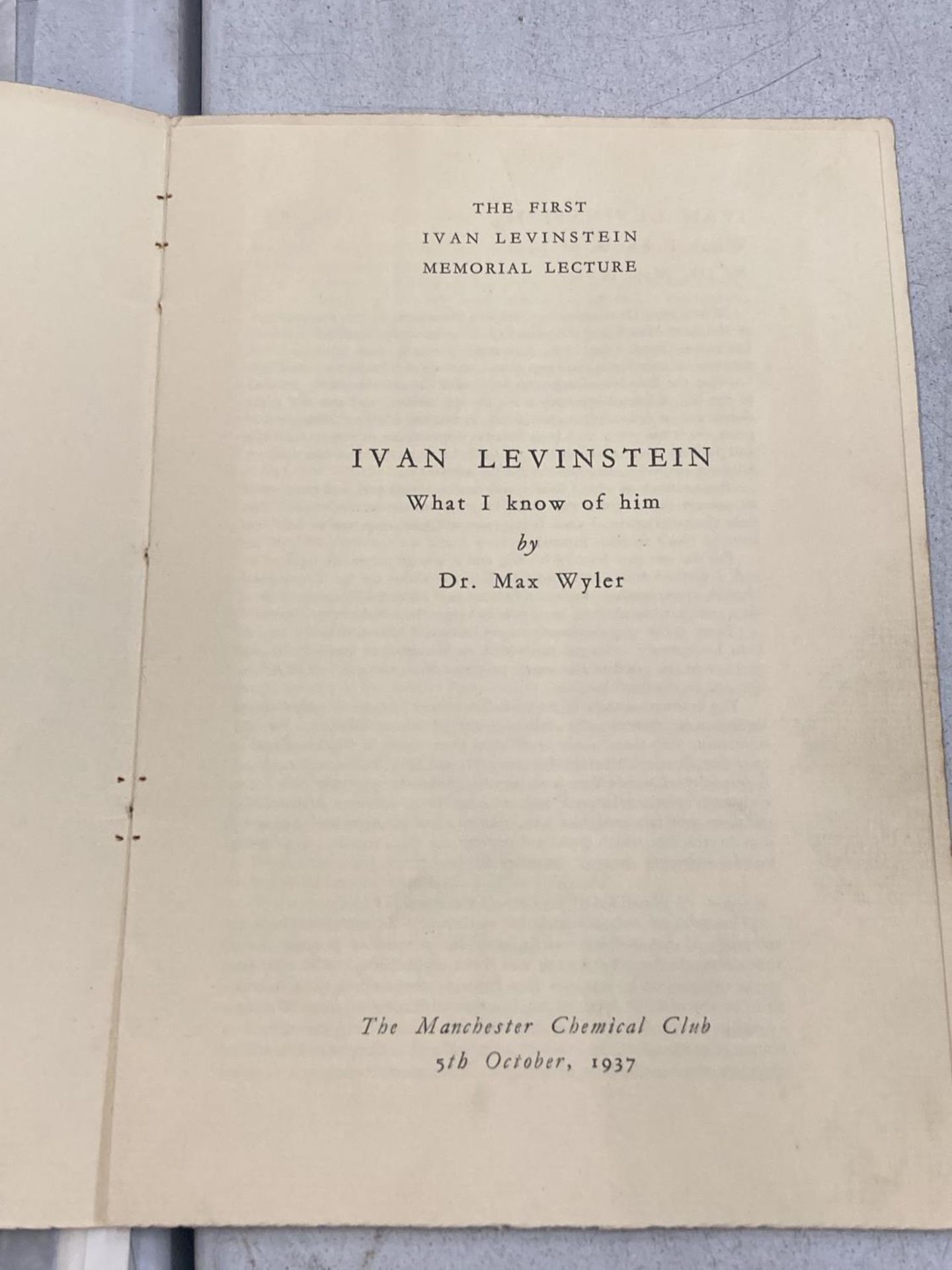 A COPY OF THE FIRST IVAN LEVINSTEIN MEMORIAL LECTURE AT THE MANCHESTER CLUB, 5TH OCTOBER, 1937 - Image 2 of 4