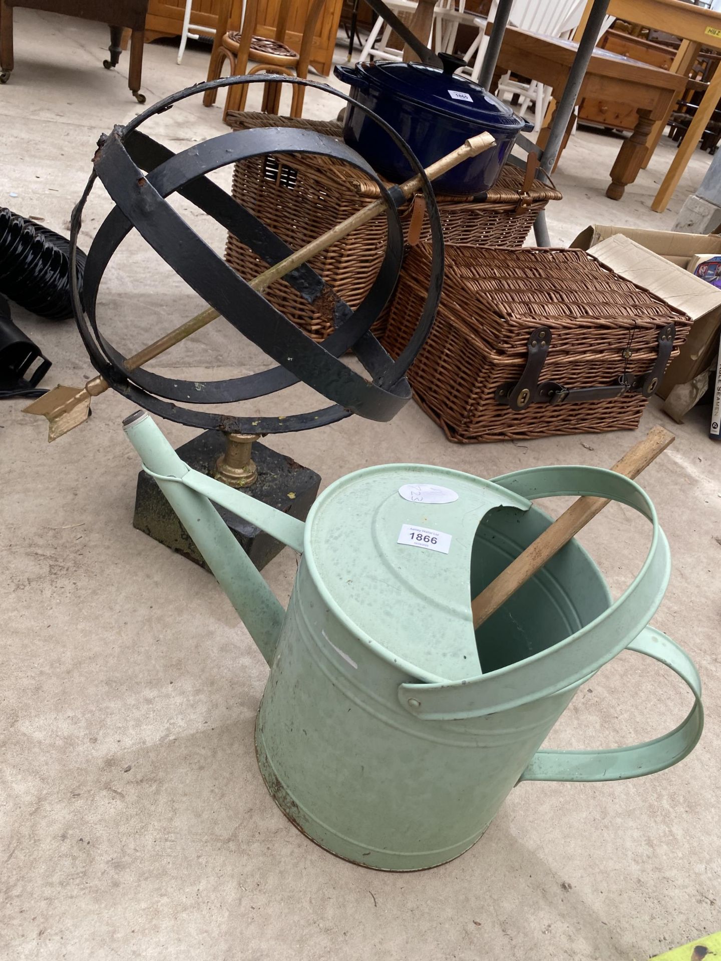 A PAINTED METAL WATERING CAN AND AN ARMILARY SPHERE - Image 2 of 2