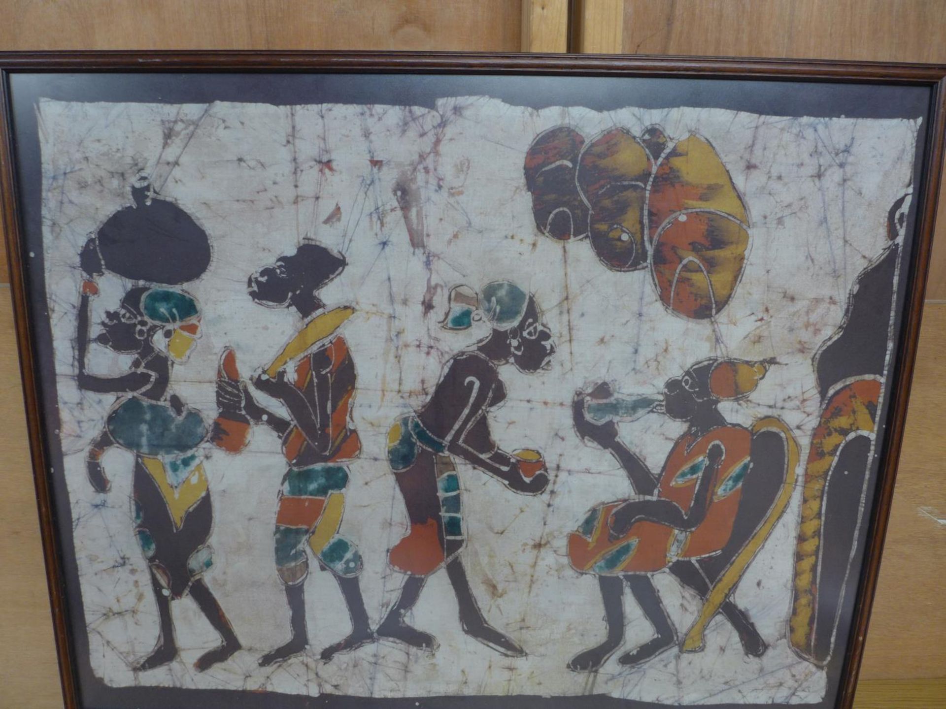 AFRICAN PAINTING ON SILK DEPICTING FOUR FIGURES, 63X83CM, FRAMED AND GLAZED AND ANOTHER SILK