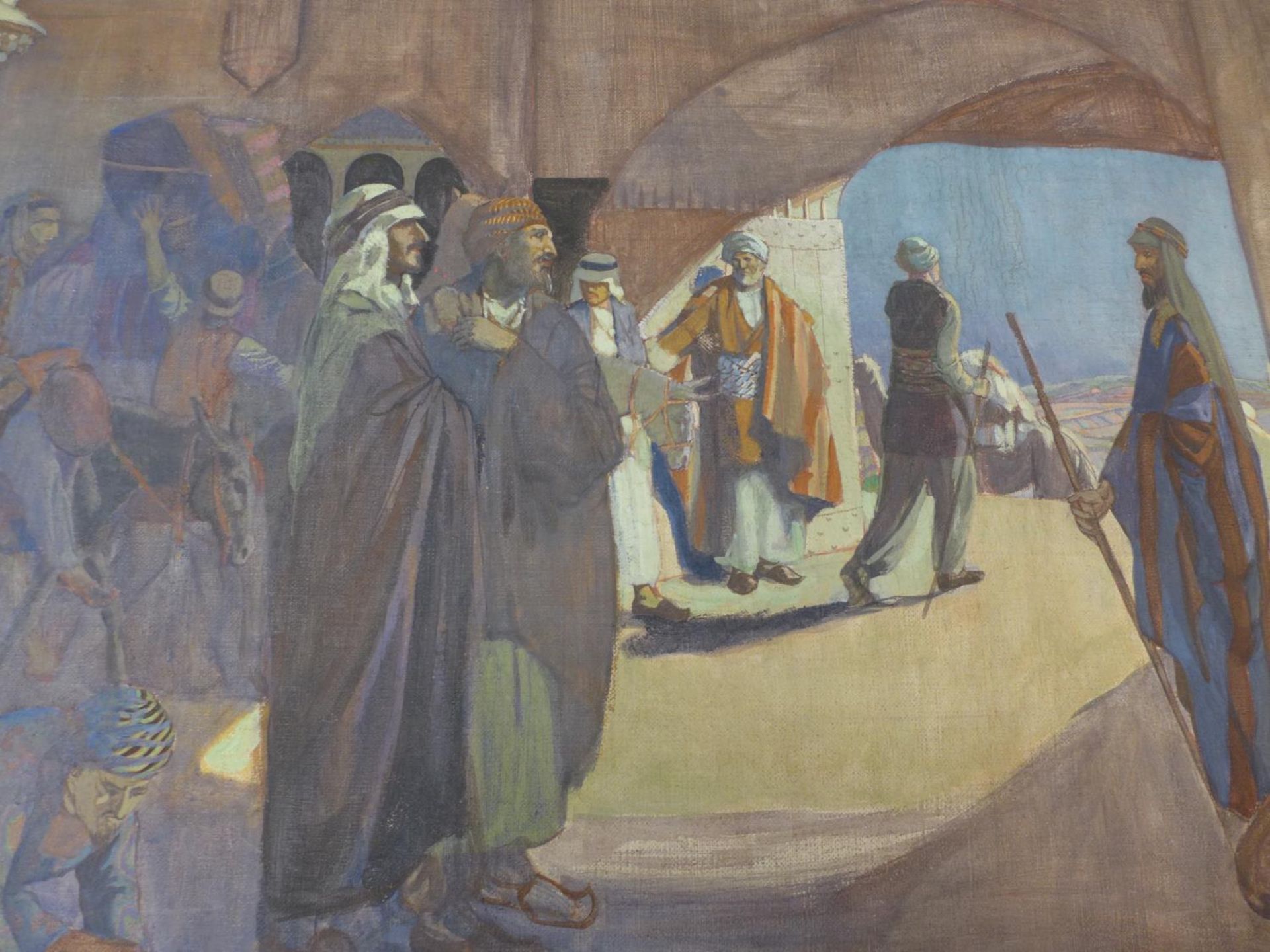 A LARGE EARLY 20TH CENTURY OIL ON CANVAS DEPICTING AN ARAB SCENE, 82X124CM - Image 2 of 5
