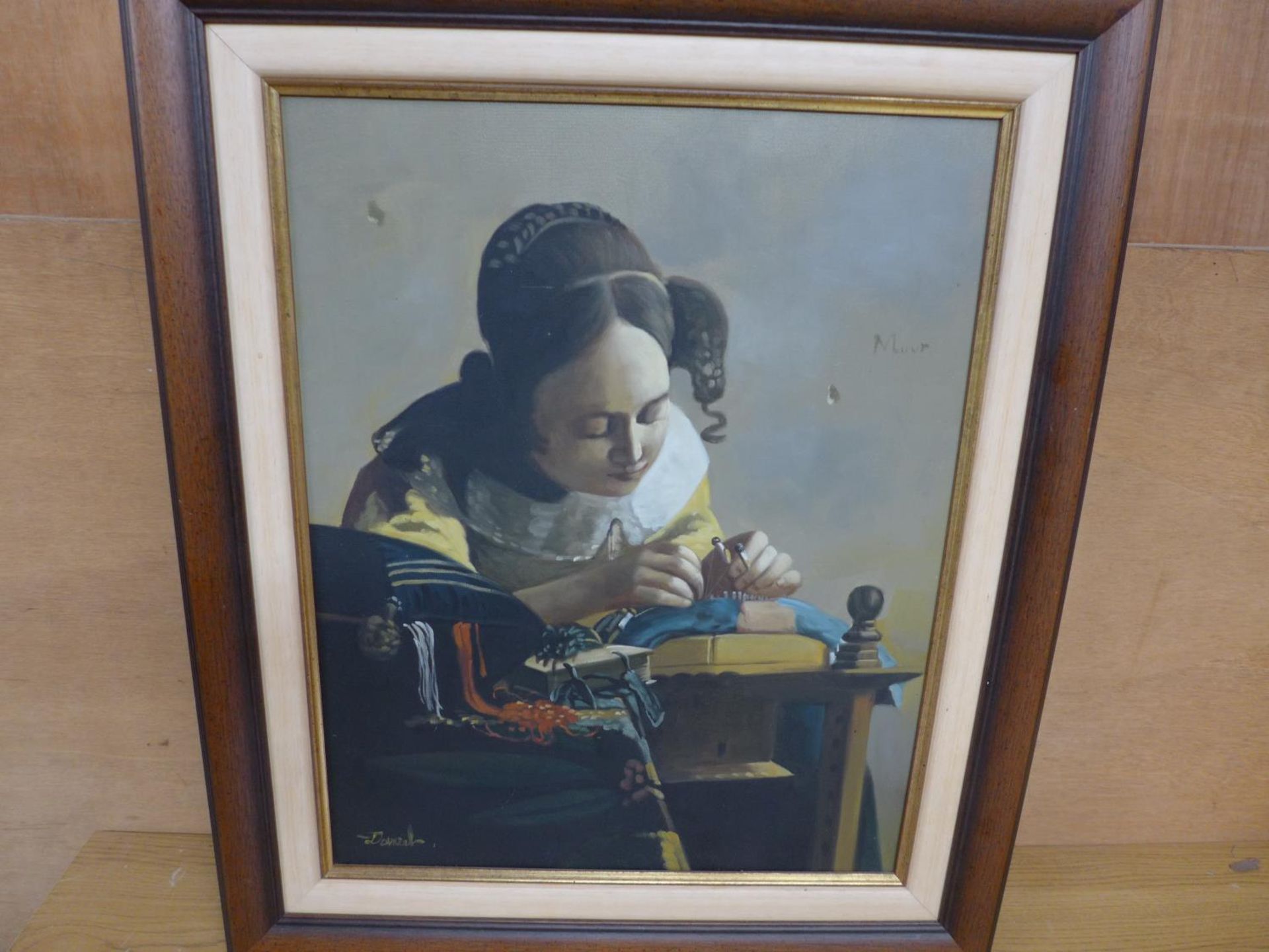 DANIEL (LATE 20TH/EARLY 21ST CENTURY) WOMAN DOING NEEDLEWORK, IN THE MANNER OF VEMEER, OIL ON
