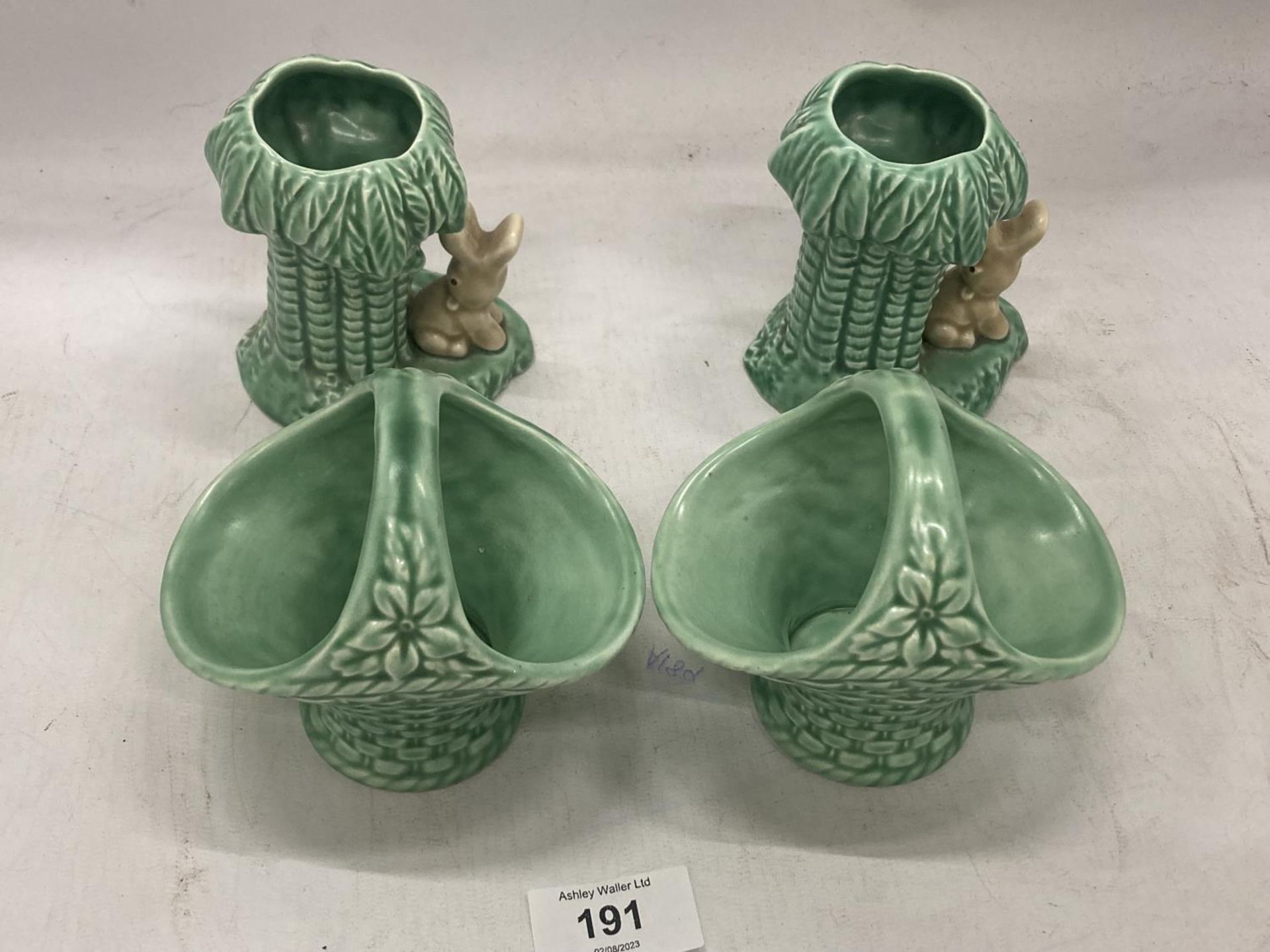 FOUR PIECES OF SYLVAC TO INCLUDE VASES WITH RABBITS AND BASKETS