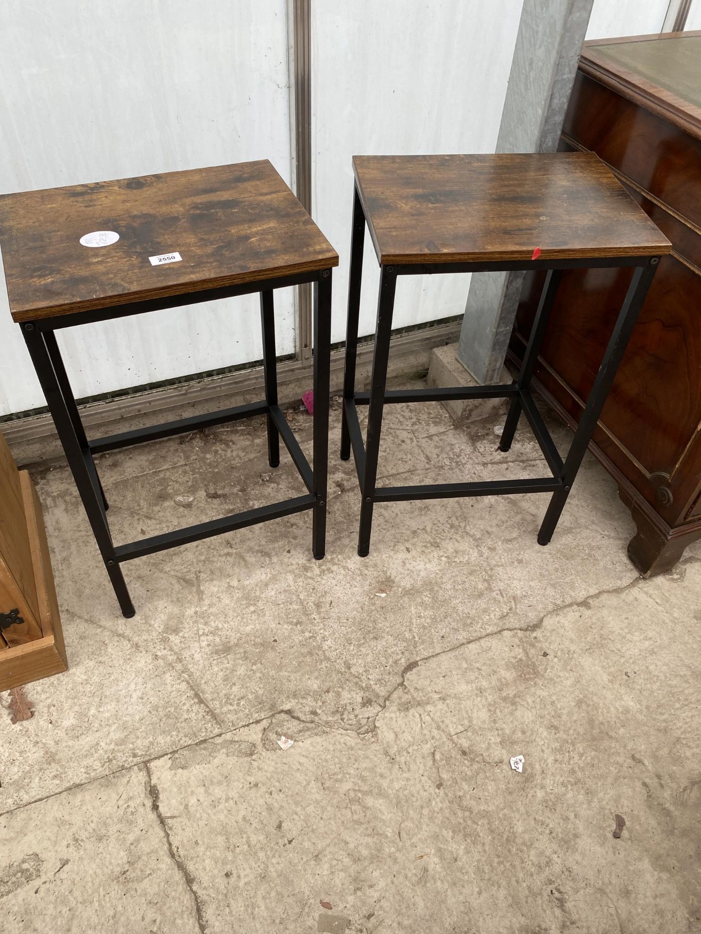A PAIR OF GUANGZHOU LONGHE WOOD CO LAMP TABLES ON METAL FRAMES