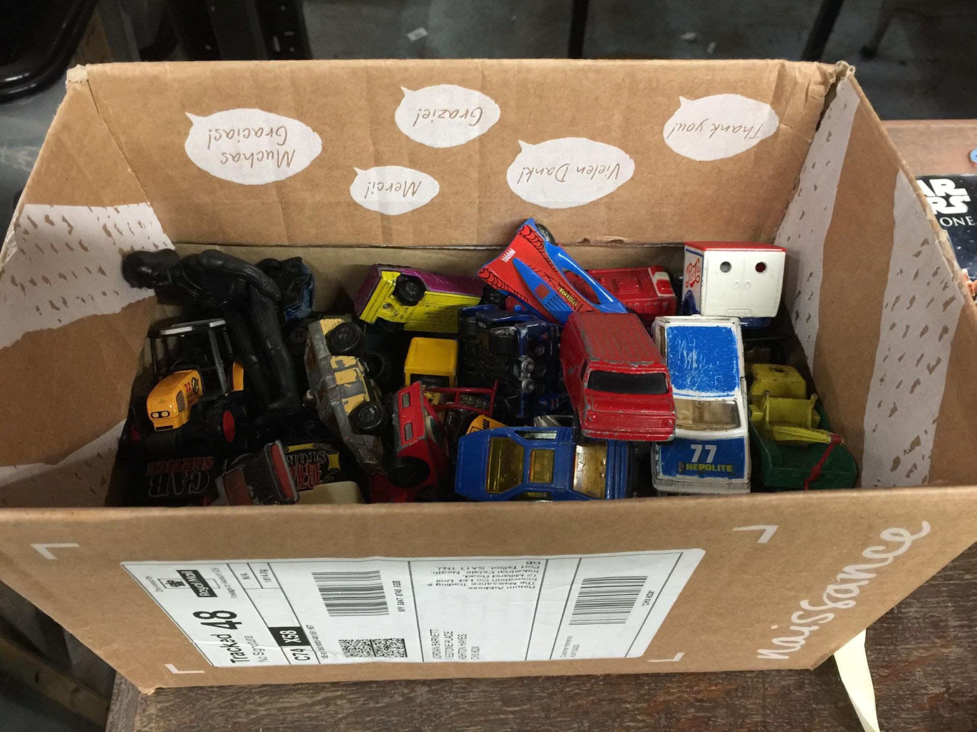 A BOX OF ASSORTED DIECAST VEHICLES ETC