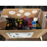 A BOX OF ASSORTED DIECAST VEHICLES ETC