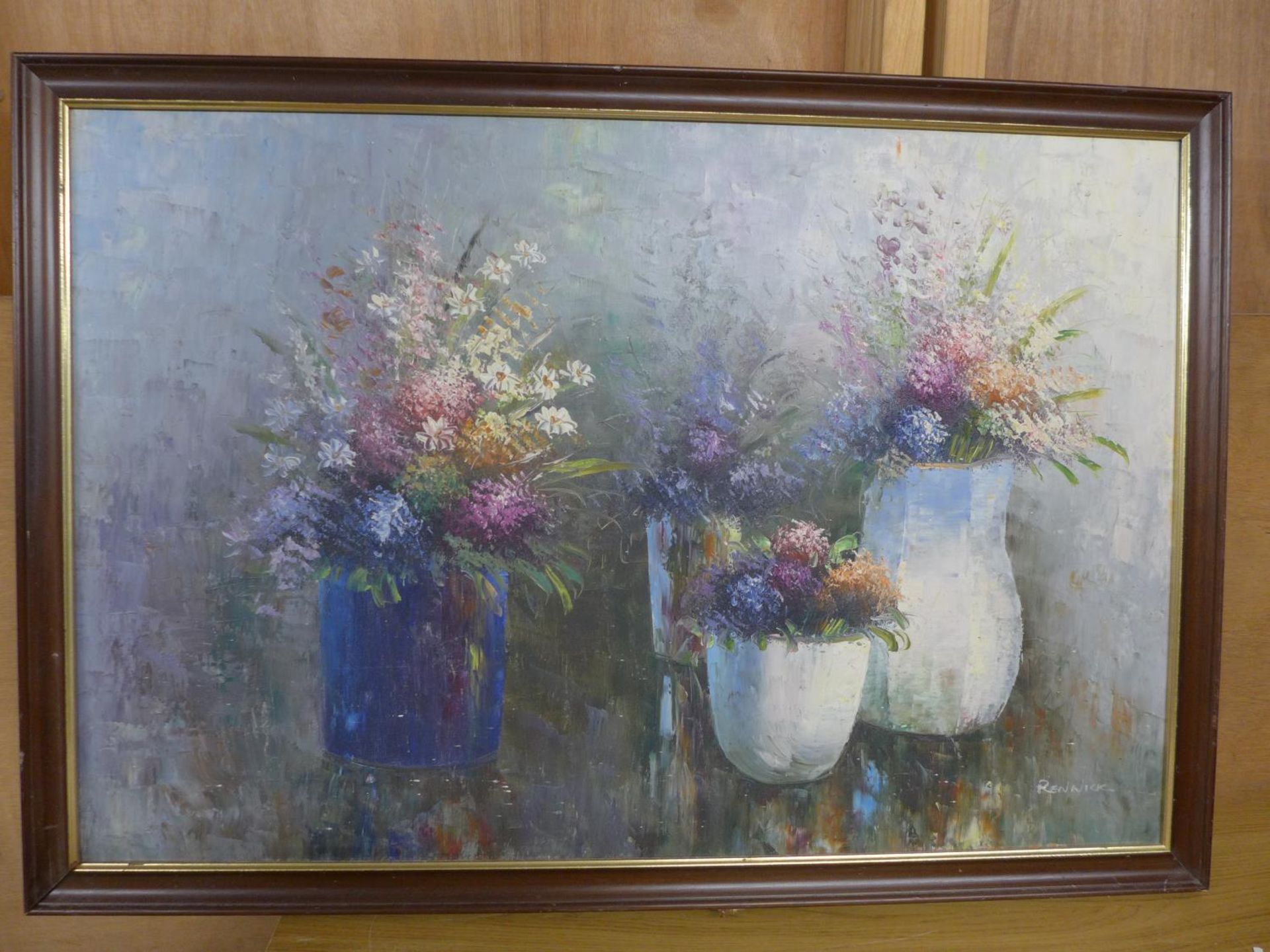 RENNICK (LATE 20TH/EARLY 21ST CENTURY) VASES OF FLOWERS, OIL ON CANVAS, SIGNED, 60X90CM, FRAMED