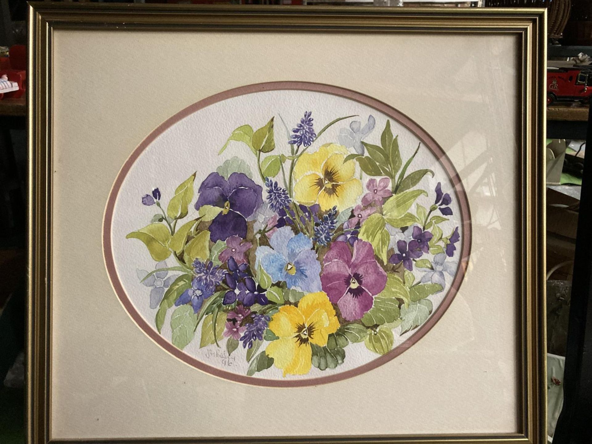 A WATERCOLOUR ON CANVAS OF PANSIES 17 X 15 INCH BY J M BAILEY
