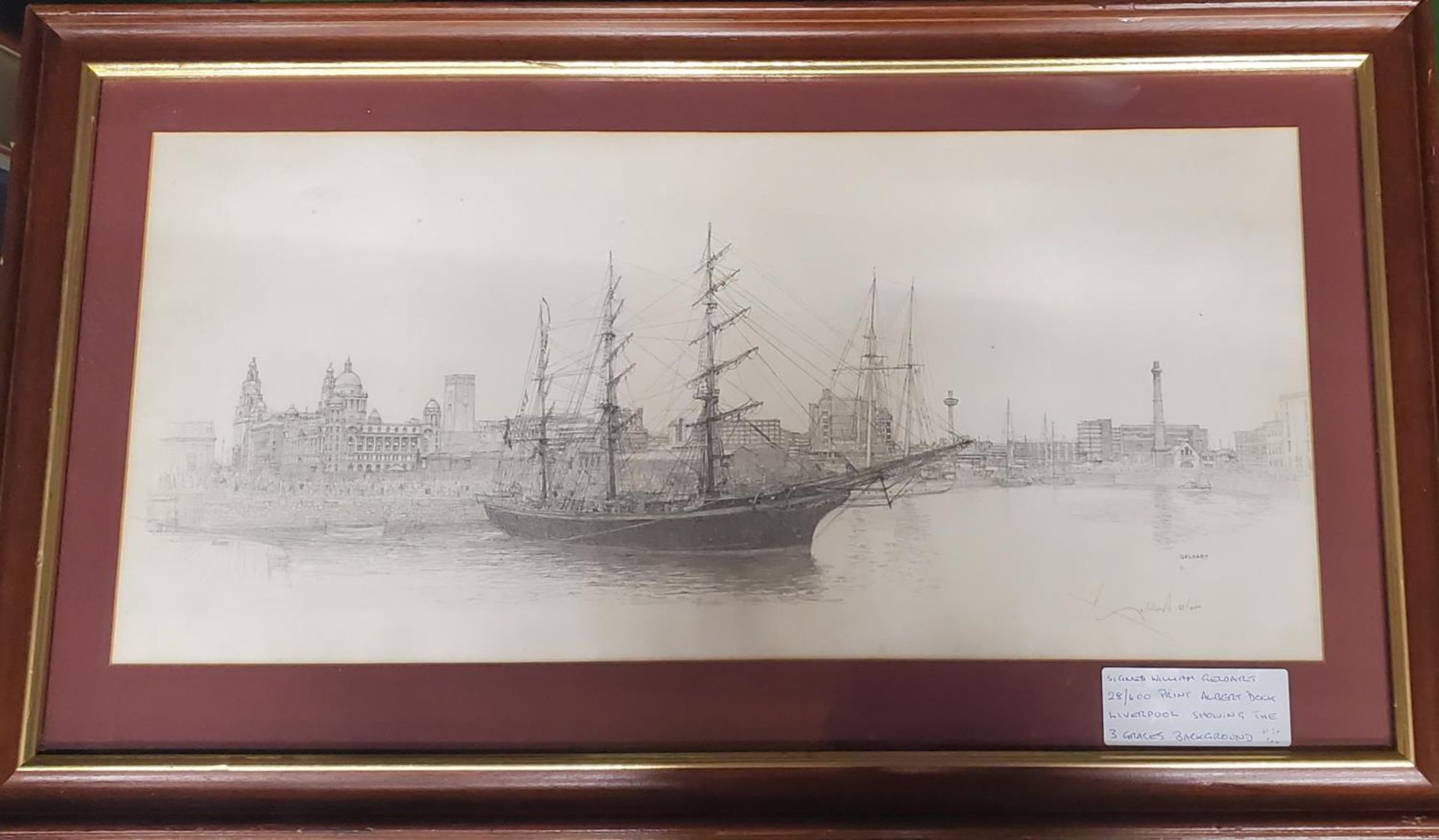A LIMITED EDITION PRINT 28/600 OF ALBERT DOCK LIVERPOOL SHOWING THE 3 GRACES BACKGROUND SIGNED BY