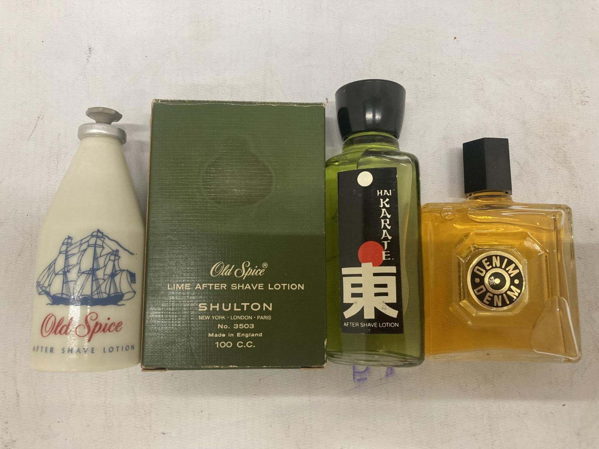 FOUR 1970'S AFTERSHAVES TO INCLUDE OLD SPICE, DENIM AND HAI KARATE