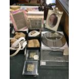 A PINK MIRRORED CLOCK WITH MATCHING PHOTO FRAME, FOUR AS NEW BELTS IN BOXES, MIRRORED COASTERS, A