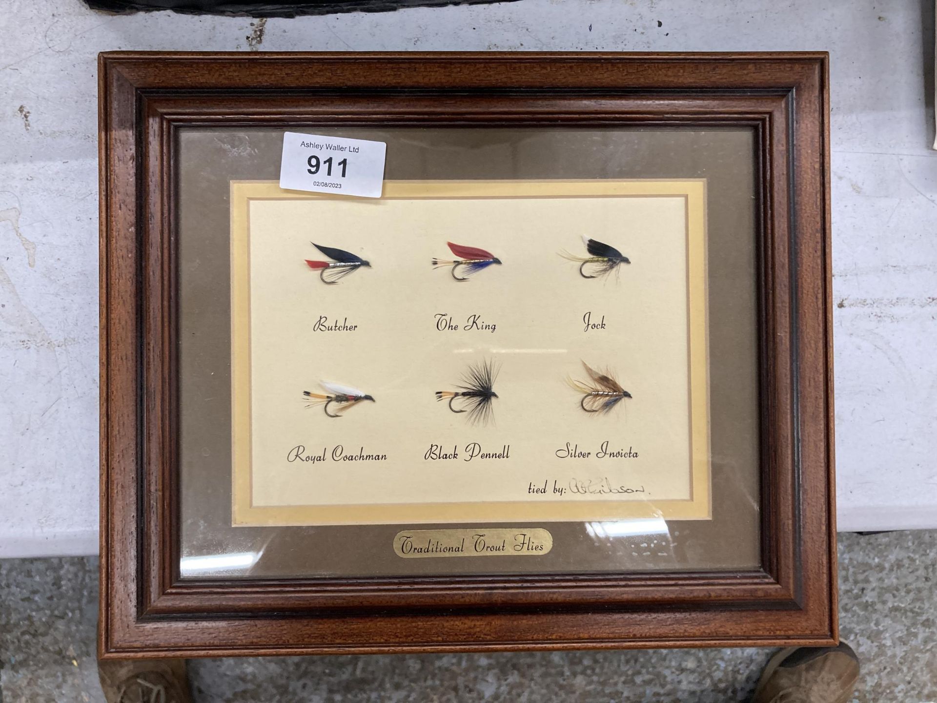 A FRAMED TRADITIONAL TROUT FLIES FISHING MONTAGE PICTURE