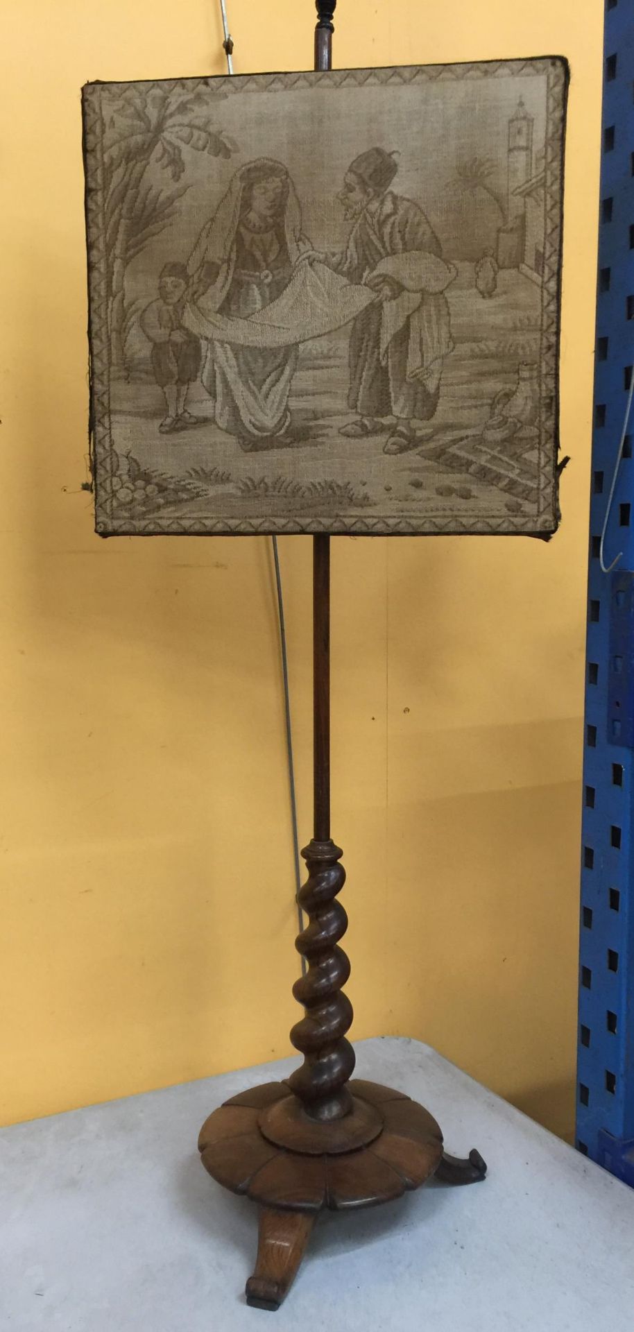 A VICTORIAN MAHOGANY NEEDLEWORK STAND WITH BARLEY TWIST COLUMN