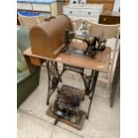 A SINGER TREADLE SEWING MACHINE, NUMBER R604055 AND MUNDLOS (77) SEWING MACHINE WITH SIMANCO