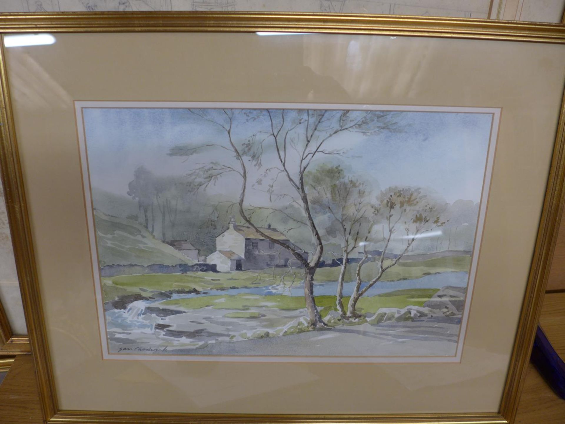 SAM CHADWICK (1902-1992) RIVER SCENE WITH A STONE COTTAGE, WATERCOLOUR, SIGNED, 27X40CM, FRAMED