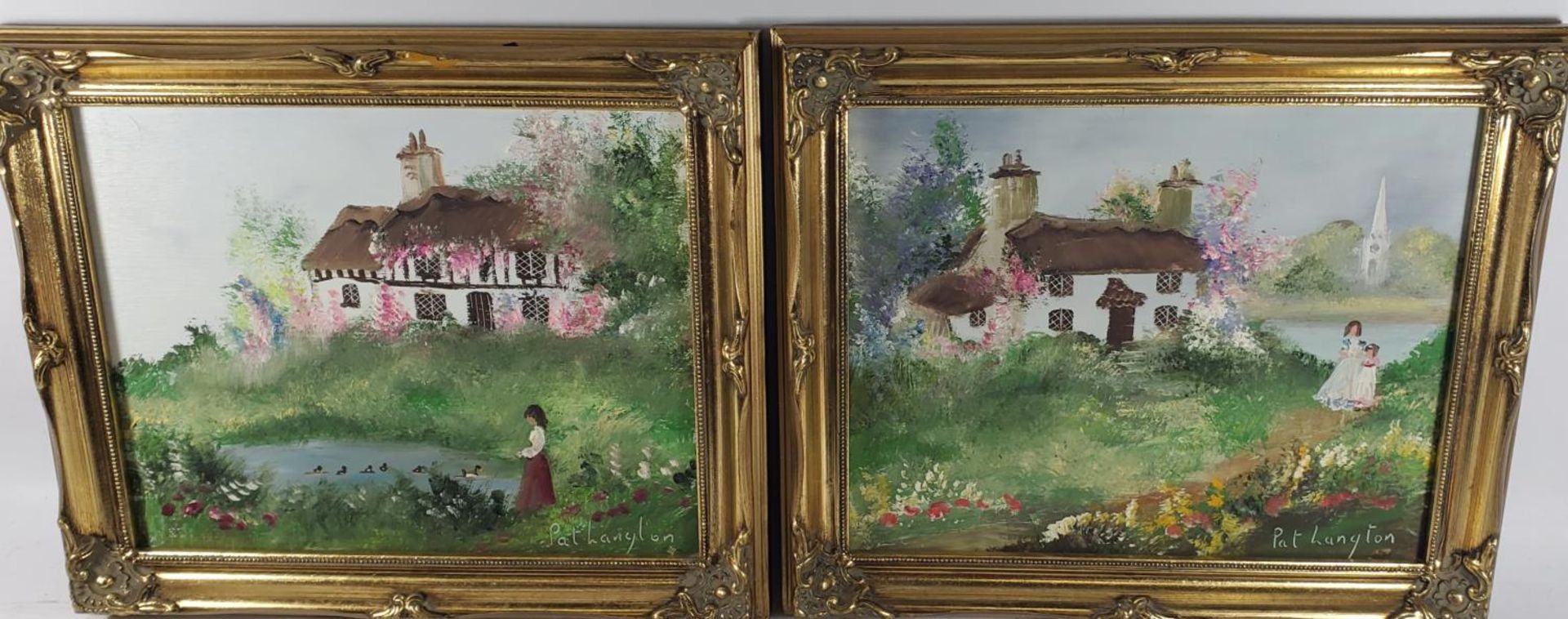 TWO PAT LANGTON SIGNED OILS ON BOARD OF COTTAGE SCENES, ONE WITH A BRIDE AND BRIDESMAID, THE OTHER A