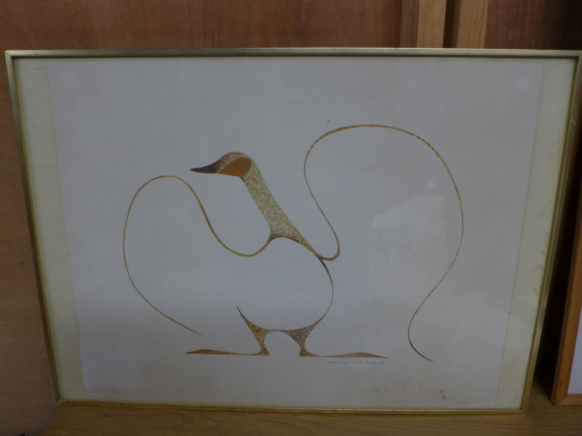 BENJAMIN CHEE CHEE (CARADIAN 1944-1977) 'DANCING GOOSE', COLOURED PRINT DATED 75, 49X61CM, FRAMED