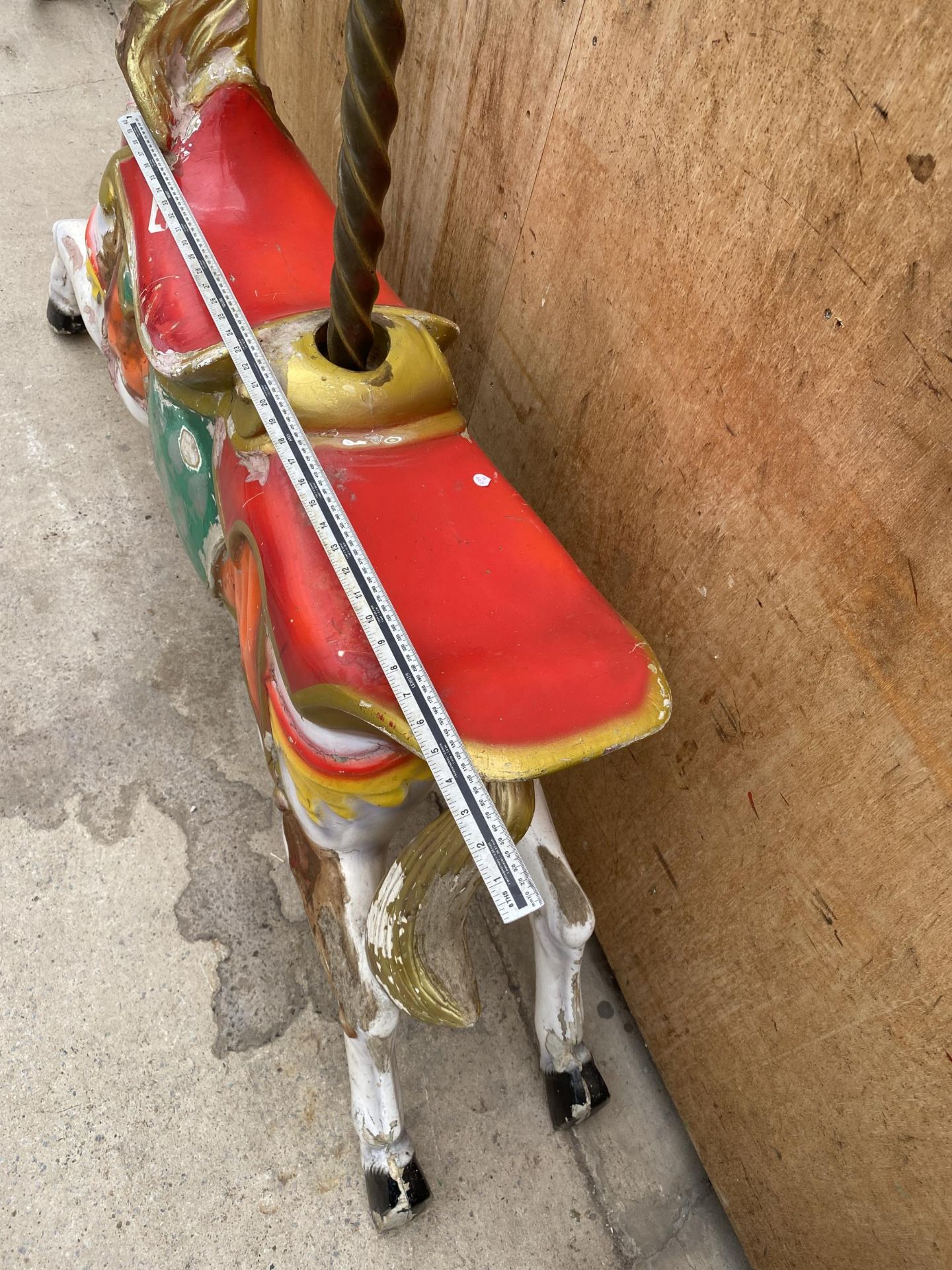 A BELIEVED ORIGINAL EX FAIRGROUND RIDE GALLOPER WITH DOUBLE SEAT AND TURNED BRASS POLE - Image 8 of 8