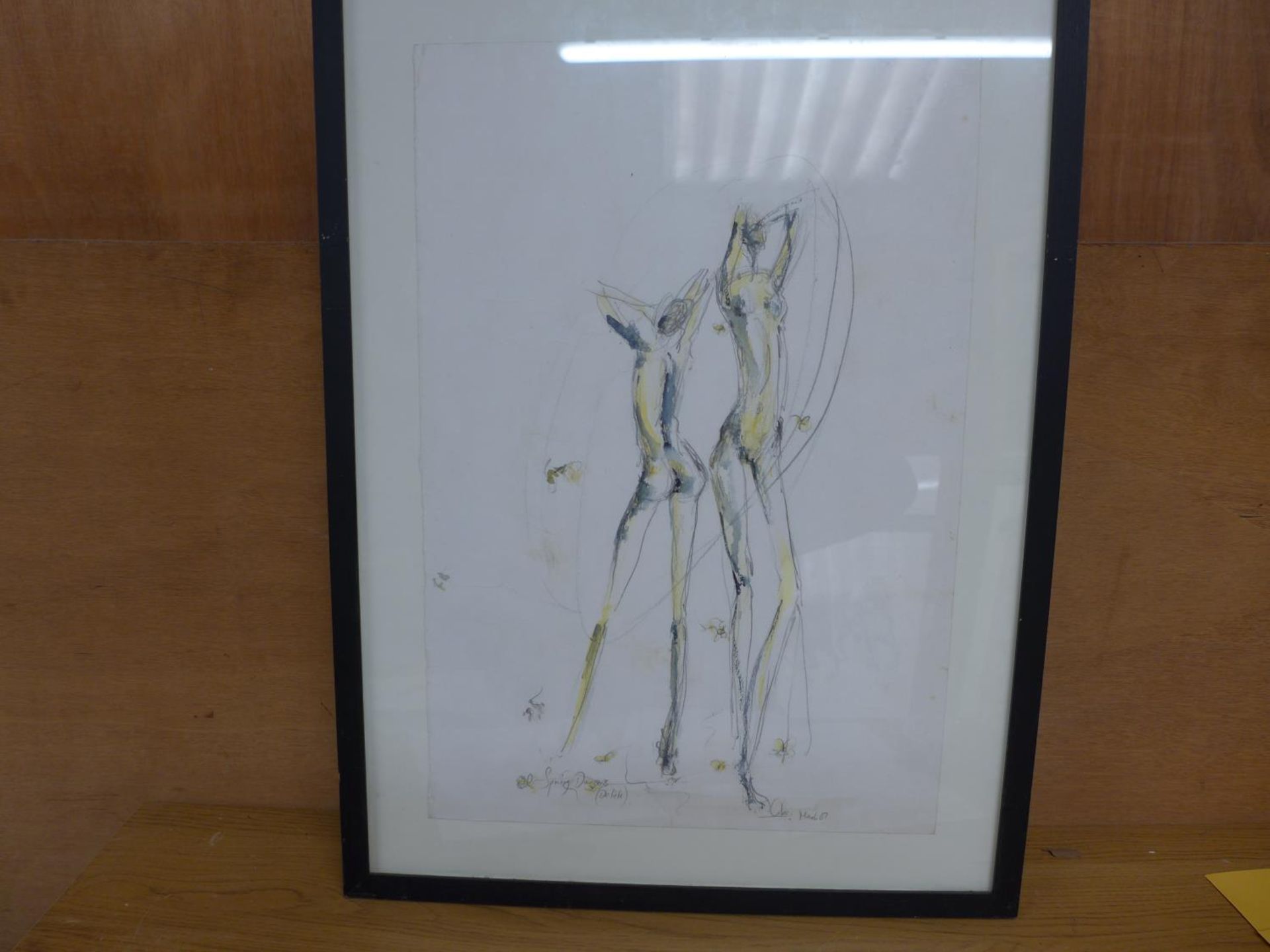 CABE (LATE 20TH CENTURY) 'SPRING DANCERS', PEN AND WATERCOLOUR, SIGNED AND DATED 87, 55X38CM, FRAMED