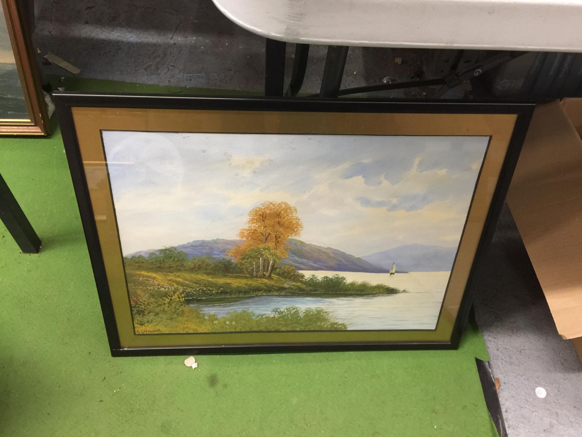 A FRAMED G.COPELAND PRINT OF A LAKE SCENE