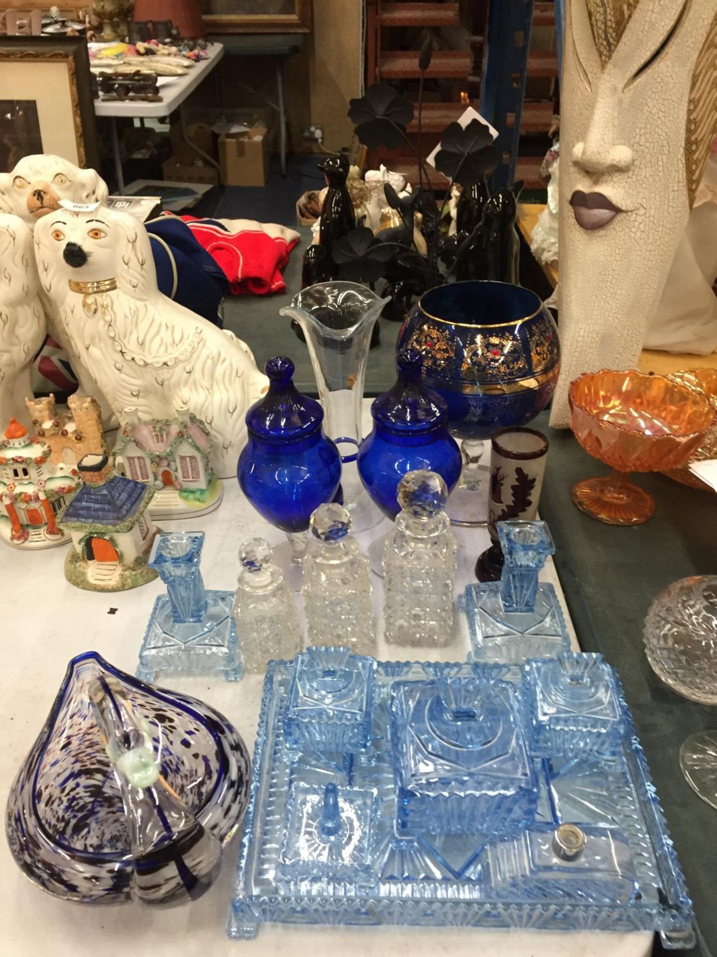 AN ART DECO BLUE GLASS DRESSING TABLE SET, TRIO OF CUT GLASS SCENT BOTTLES, MURANO GLASS SWAN AND