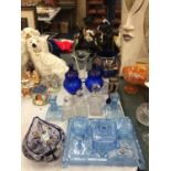 AN ART DECO BLUE GLASS DRESSING TABLE SET, TRIO OF CUT GLASS SCENT BOTTLES, MURANO GLASS SWAN AND