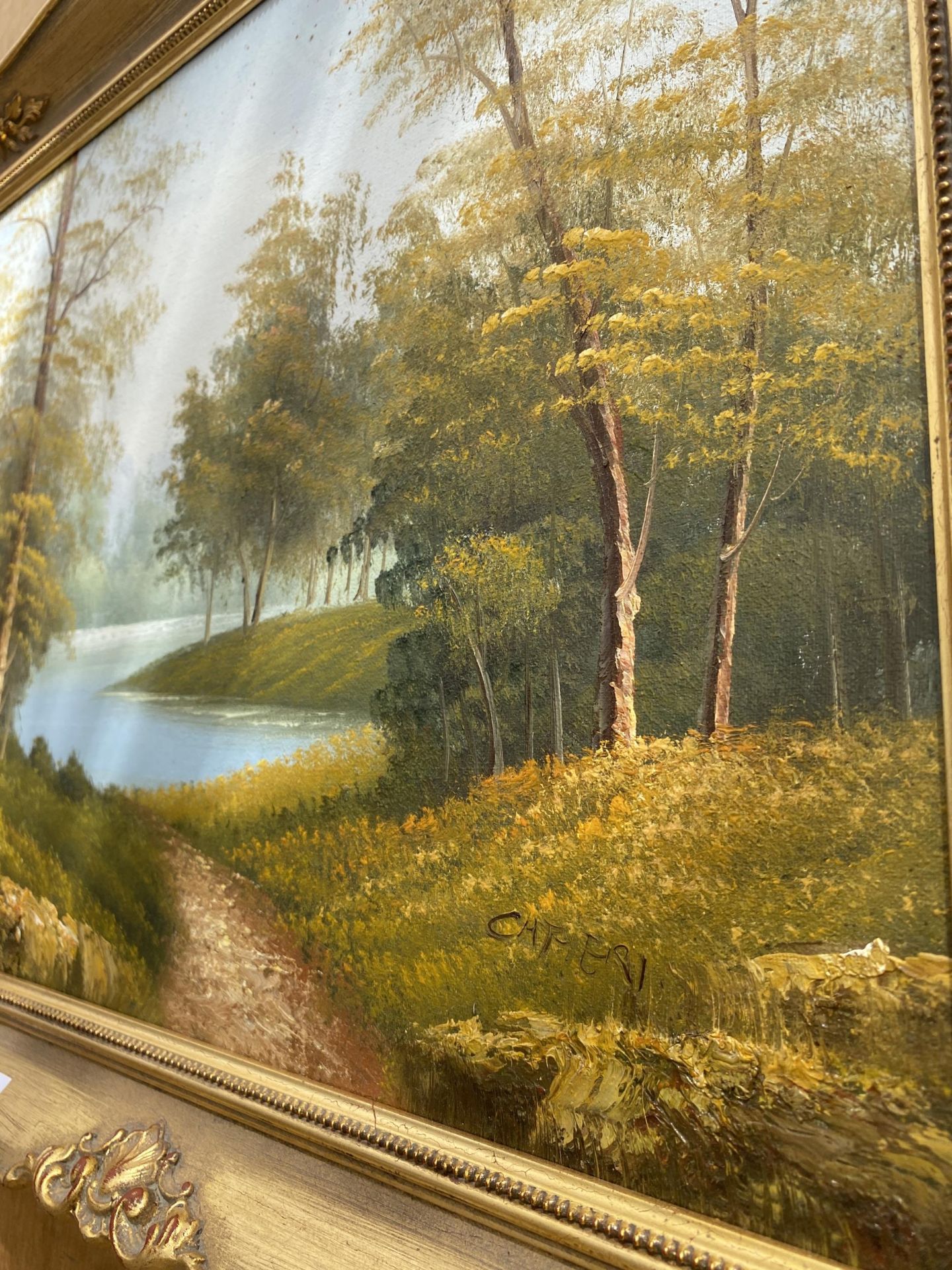 A GILT FRAMED OIL ON CANVAS OF A FOREST SCENE, INDISTINCTLY SIGNED - Image 2 of 4