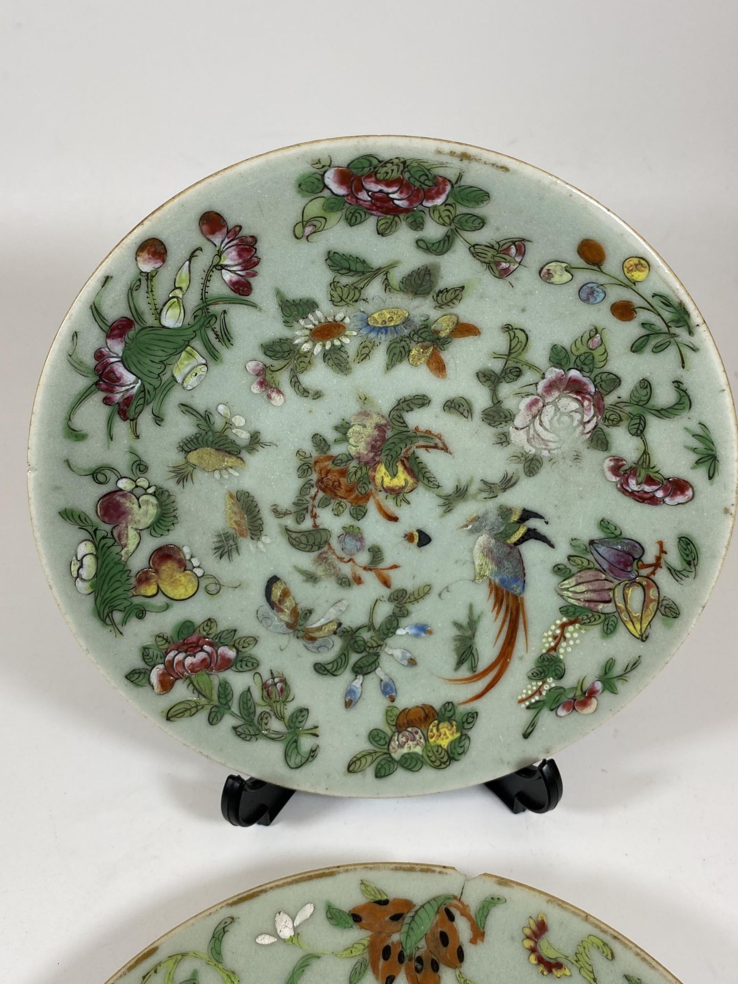A PAIR OF 19TH CENTURY QING CHINESE CELADON GROUND BIRD AND FLORAL DESIGN PLATES, DIAMETER 18CM - Image 3 of 6