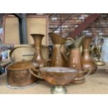 A COLLECTION OF COPPER JUGS, KETTLE AND TWIN HANDLED BOWL