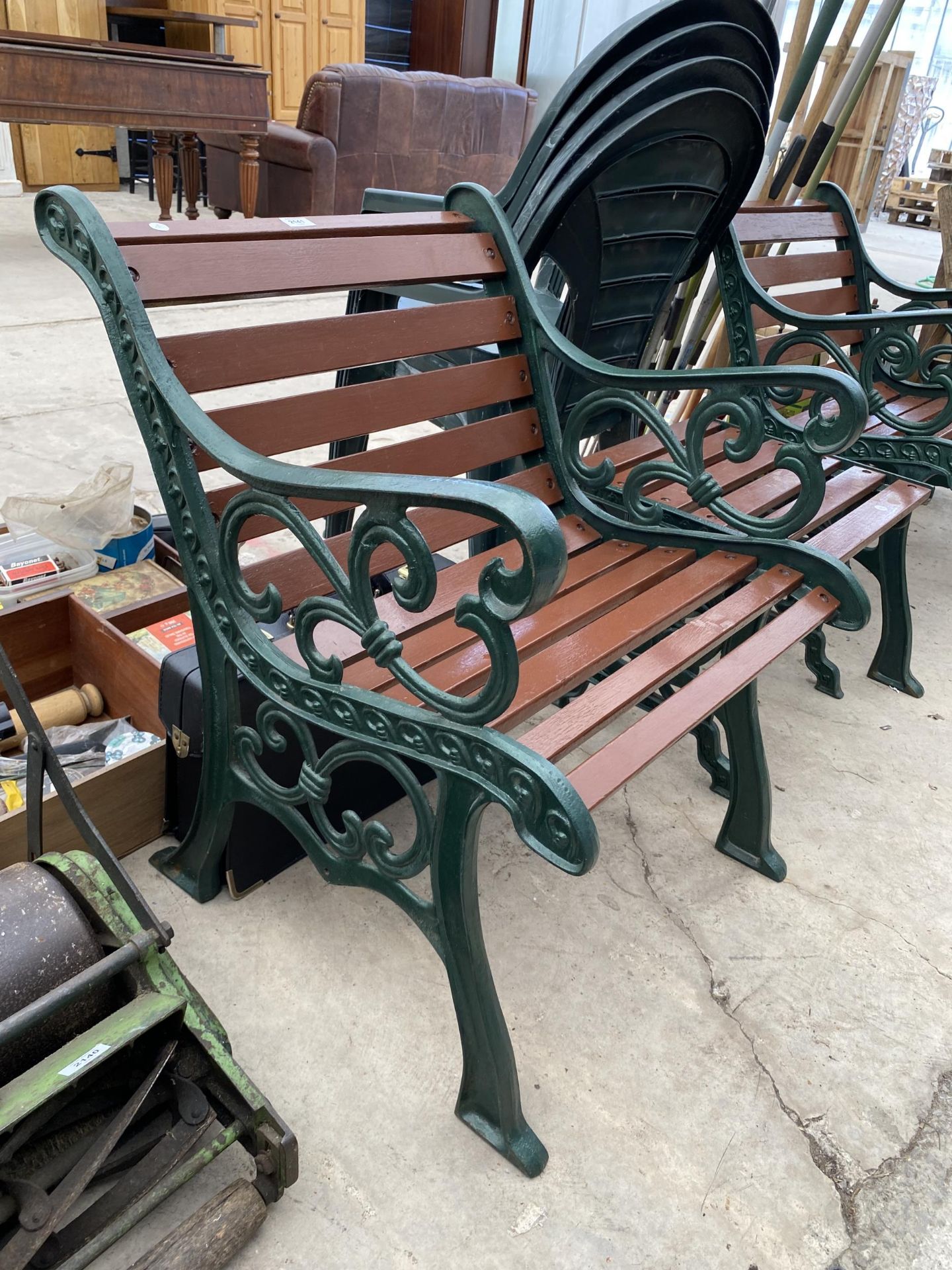 TWO WOODEN SLATED GARDEN CHAIRS AND A SIDE TABLE ALL WITH CAST IRON ENDS - Image 2 of 4