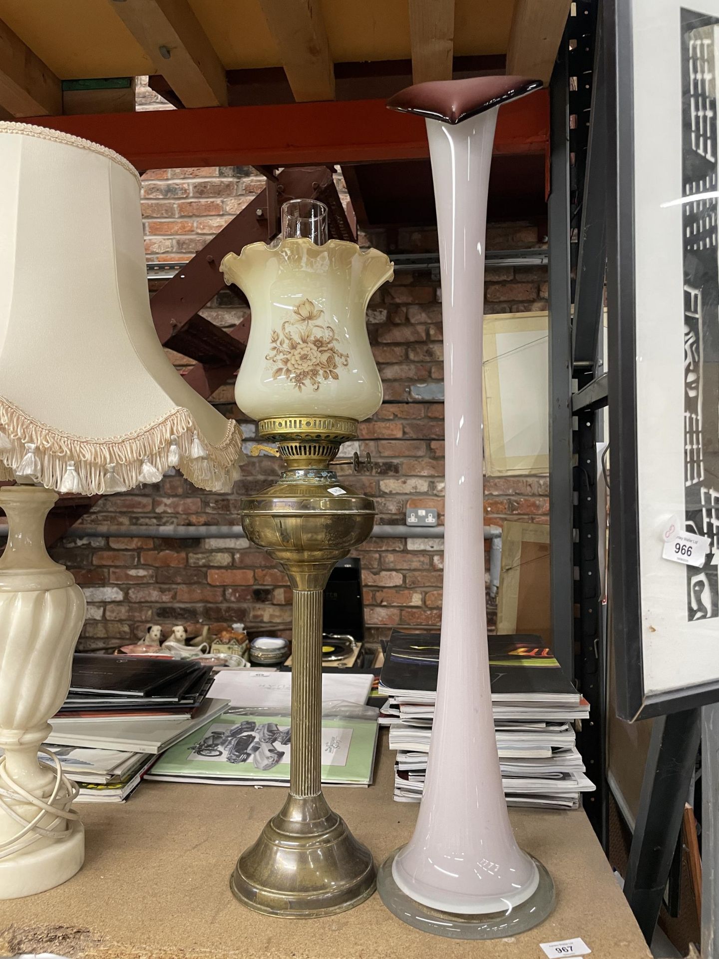 TWO ITEMS - A VINTAGE BRASS COLUMN OIL LAMP AND TALL GLASS VASE