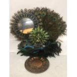 A COLLECTION OF PEACOCK RELATED ITEMS, FEATHERS MIRROR ETC
