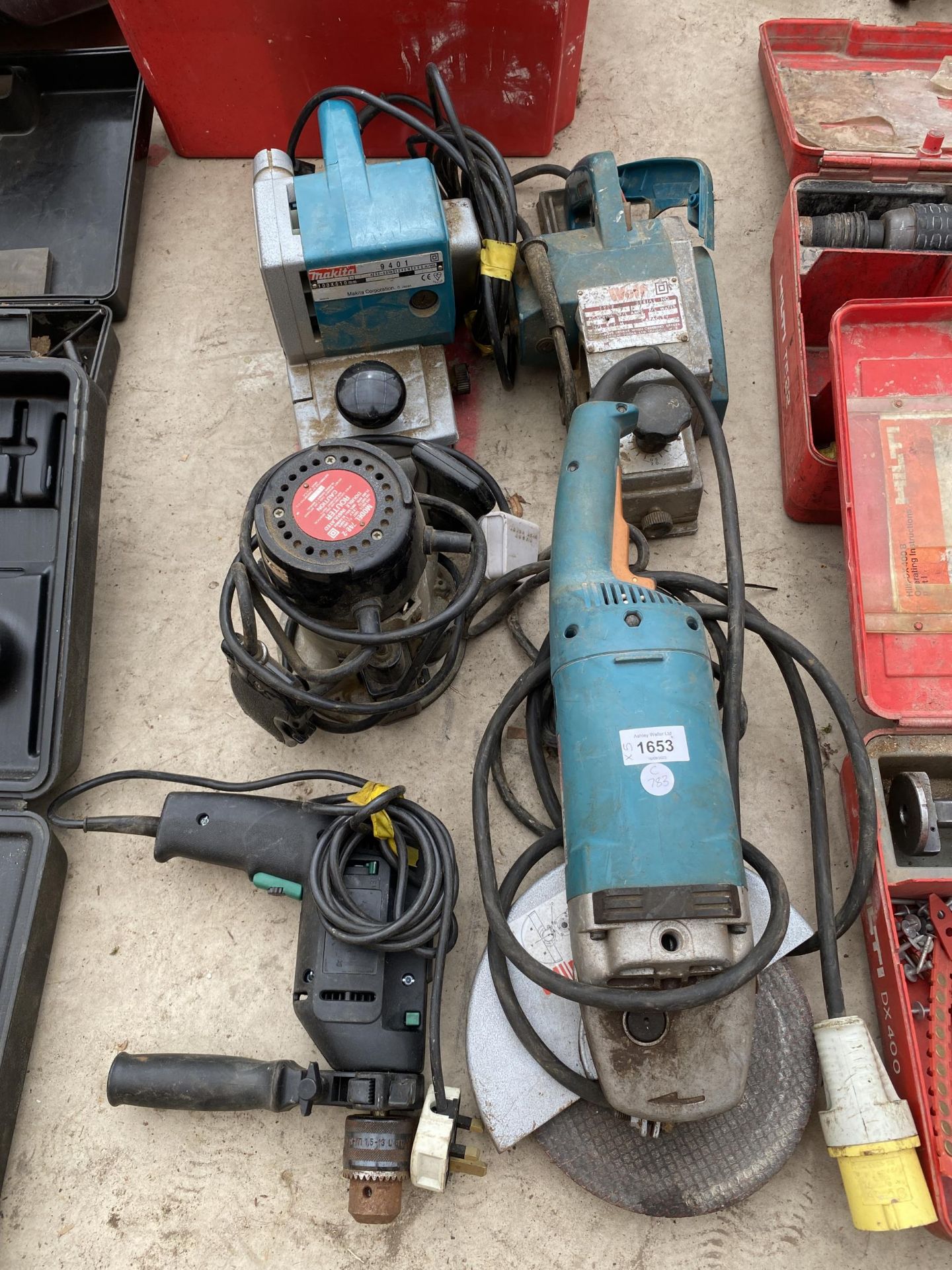 FIVE ASSORTED POWER TOOLS - MAKITA BELT SANDER ETC