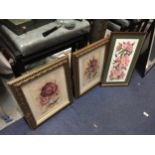 A PAIR OF GILT FRAMED FLORAL PRINTS AND FURTHER FRAMED FLORAL TAPESTRY