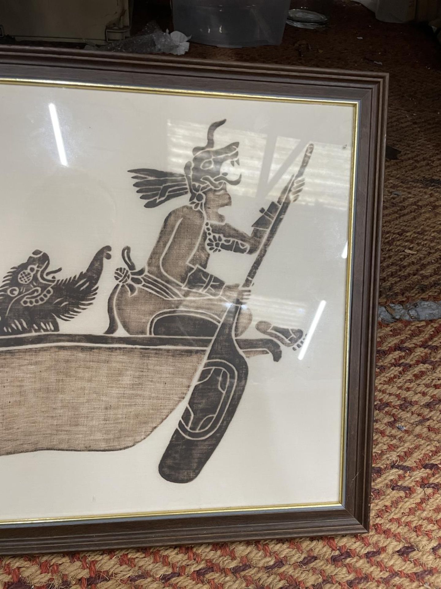 PRINTED CLOTH OF AZTECS IN A CANOE, 37 X 100 CM, AND A SMALLER VERSION, 14 X 26 CM, BOTH FRAMED - Image 3 of 3