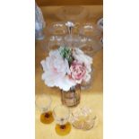 A QUANTITY OF GLASSWARE TO INCLUDE DESSERT DISHES, A FOOTED BOWL, VASE WITH ORNAMENTAL ROSES,