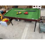A SNOOKER TABLE WITH BALLS AND CUES ETC