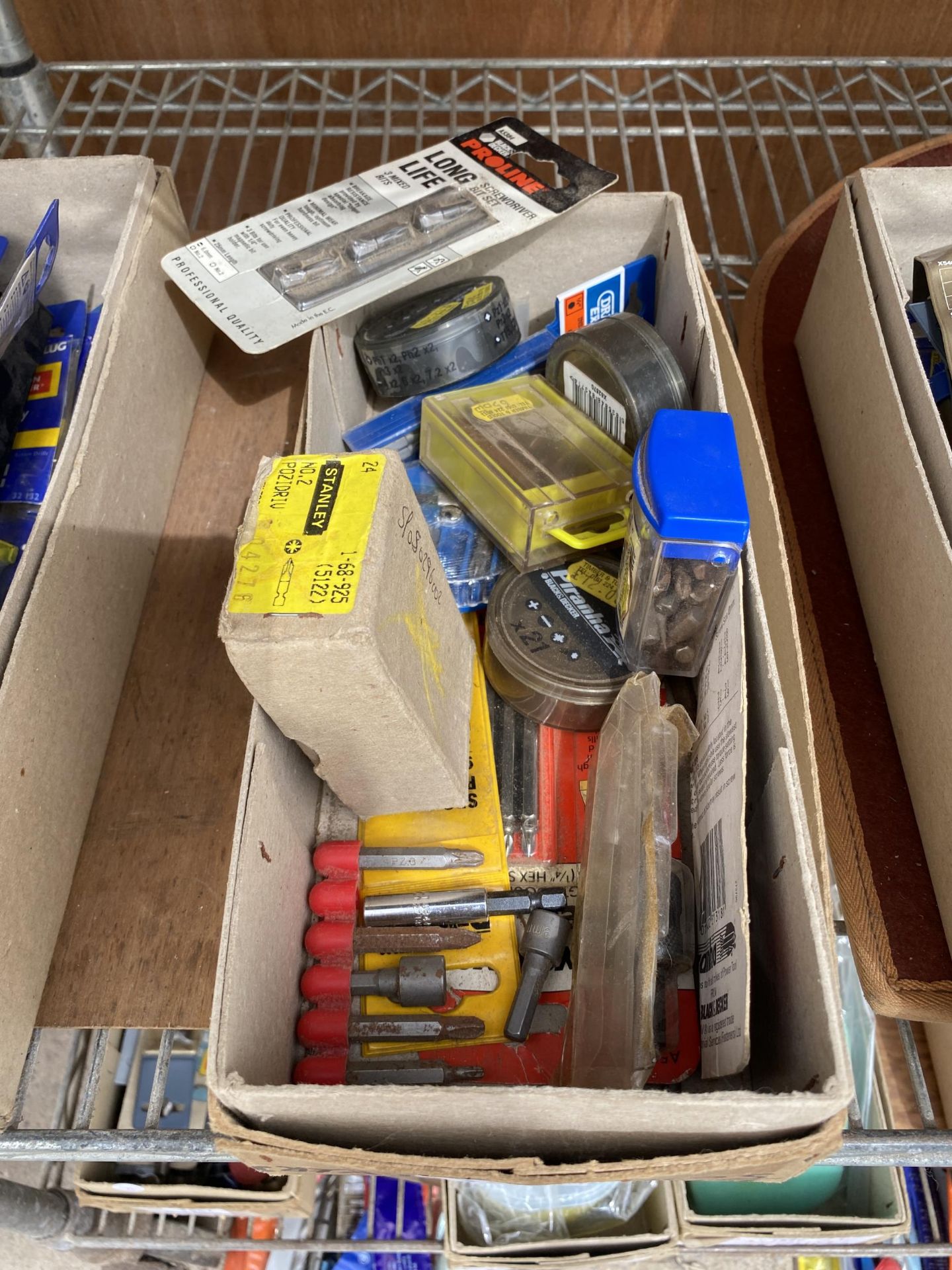 A BOX OF ASSORTED NEW OLD STOCK TOOL ITEMS ETC