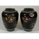 A PAIR OF JAPANESE MEIJI PERIOD (1868-1912) BIRD AND FLORAL DESIGN CLOISONNE OVOID FORM VASES,