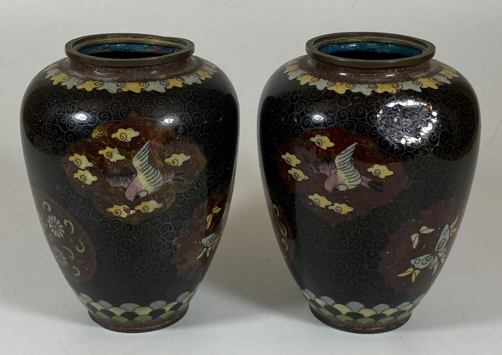 A PAIR OF JAPANESE MEIJI PERIOD (1868-1912) BIRD AND FLORAL DESIGN CLOISONNE OVOID FORM VASES,