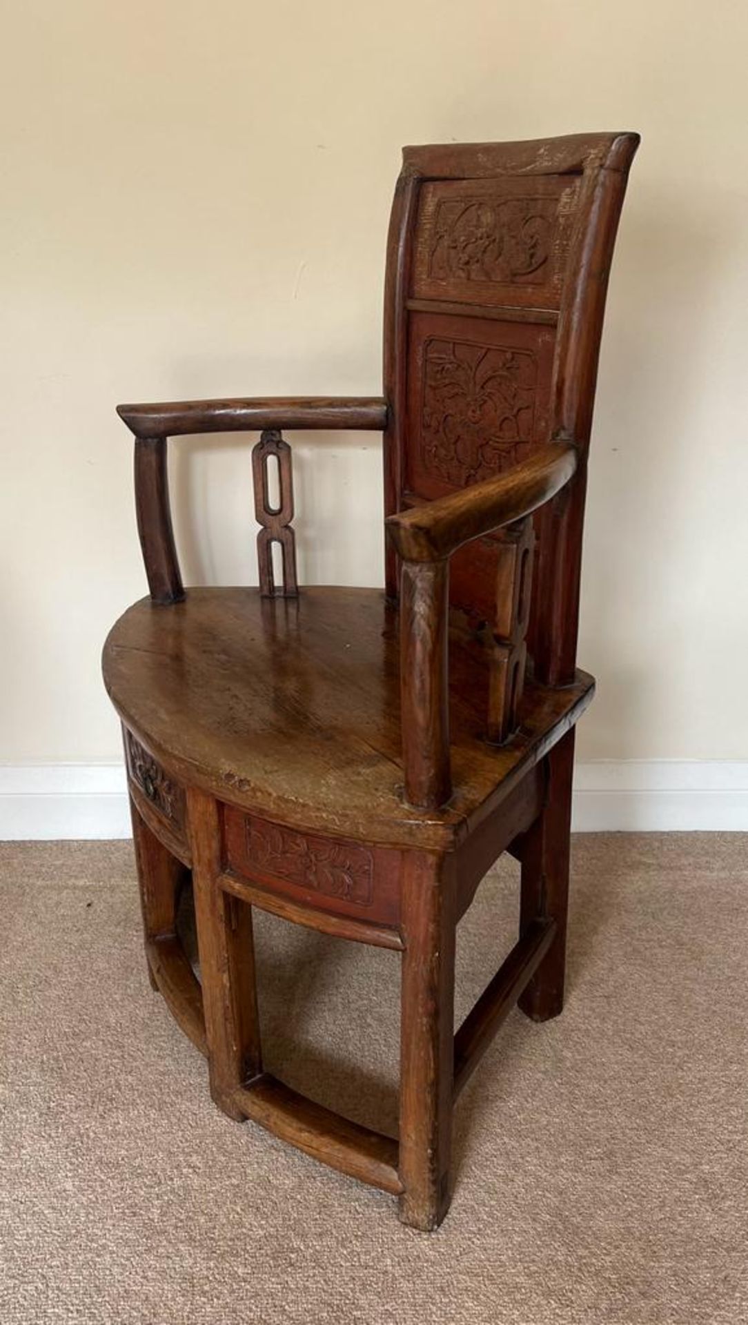 A VINTAGE CHINESE CARVED HARDWOOD CHILD'S ARMCHAIR WITH LOWER DRAWER TO SEAT, HEIGHT 80CM, WIDTH - Image 2 of 6