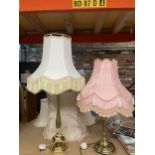 TWO VINTAGE BRASS TABLE LAMPS AND SHADES