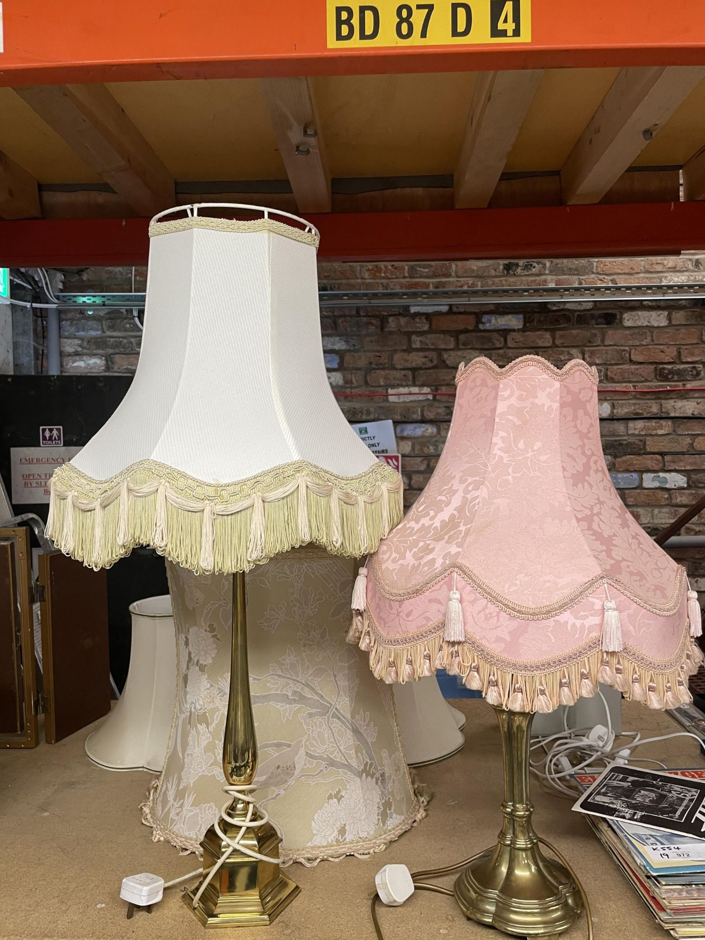 TWO VINTAGE BRASS TABLE LAMPS AND SHADES