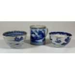 A GROUP OF THREE 19TH CENTURY CHINESE BLUE AND WHITE ITEMS, TWO TEA BOWLS AND SMALL MUG