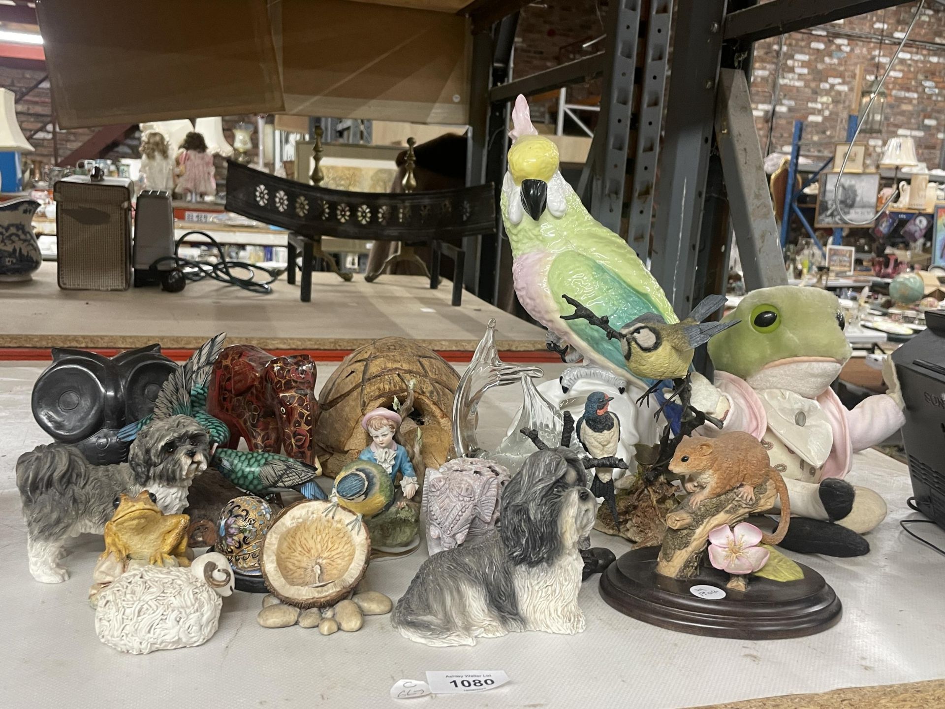 A GROUP OF ANIMAL FIGURES, LARGE COCKATOO, SOFT TOY WIND IN THE WILLOWS FROG ETC