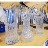 FIVE LARGE HEAVY CUT GLASS CRYSTAL VASES
