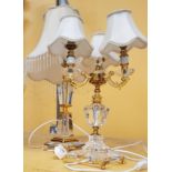 TWO LART GILT AND GLASS TABLE LAMPS, ONE WITH THREE BRANCHES, BOTH WITH SHADES, HEIGHT 35CM AND 39CM